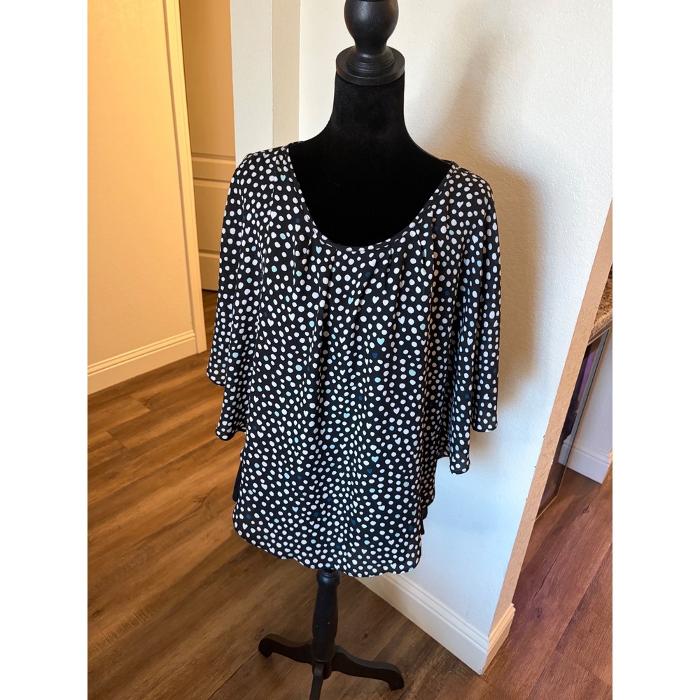 Elle Black Polka Dot Heart Print Layered Poncho Blouse Top Large